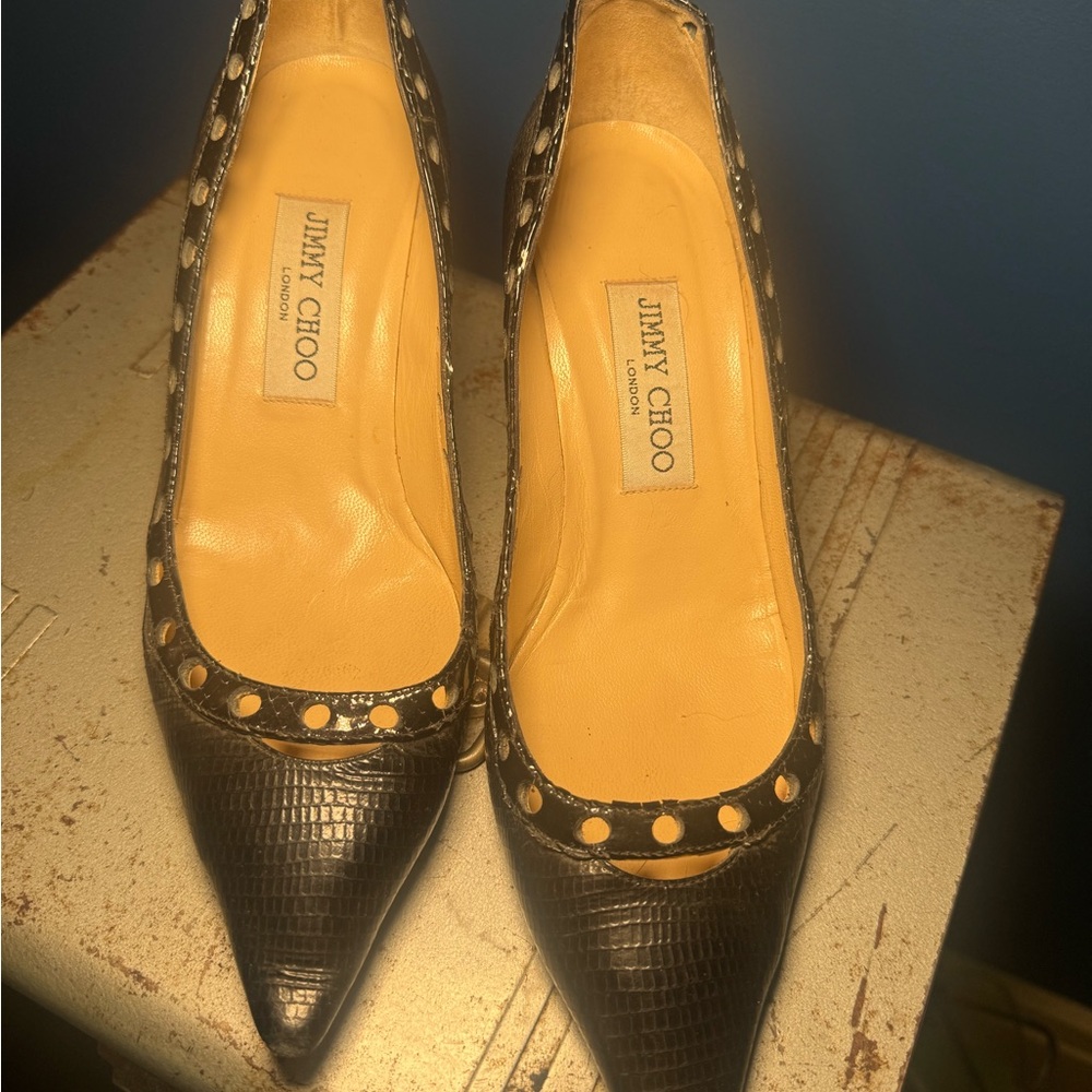 Jimmy Choo vintage Black leather Croc- texture Heels size 36.5 (6.5)